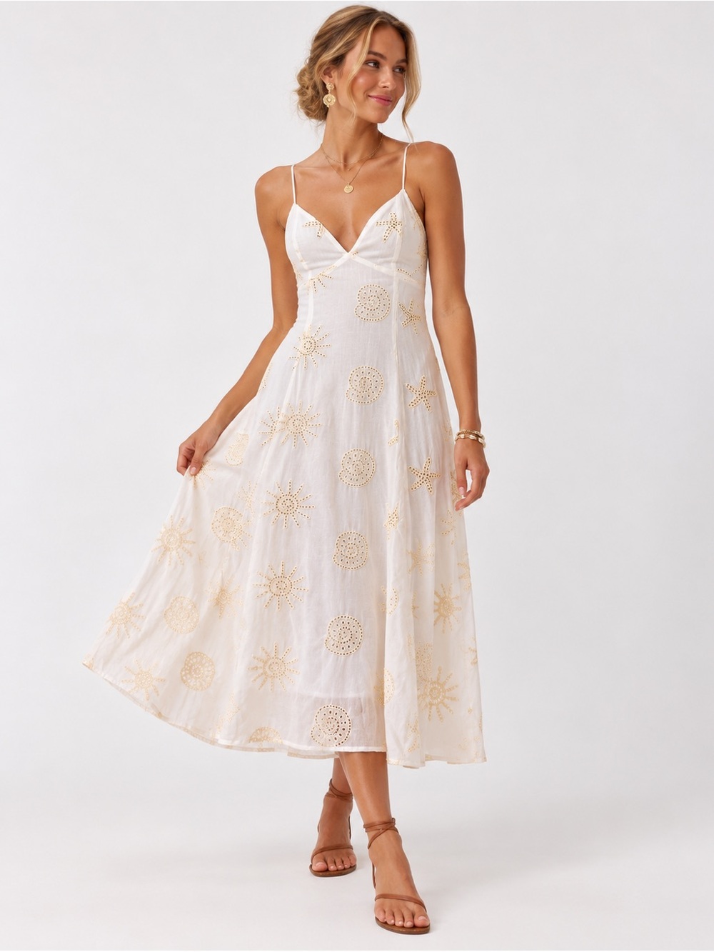 White Sleeveless Eyelet Midi Dress with Cream Embroidery